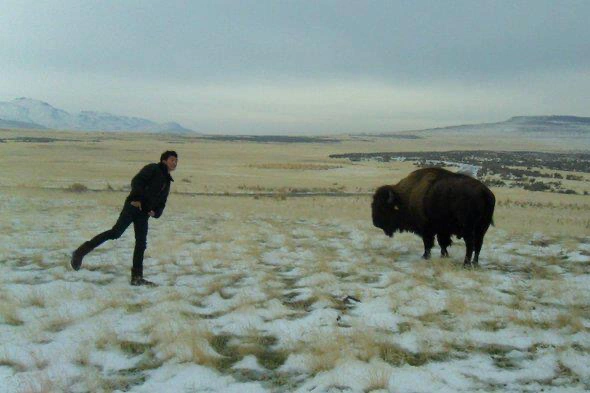 A younger David keeping a cautious distance from a bison in the snow