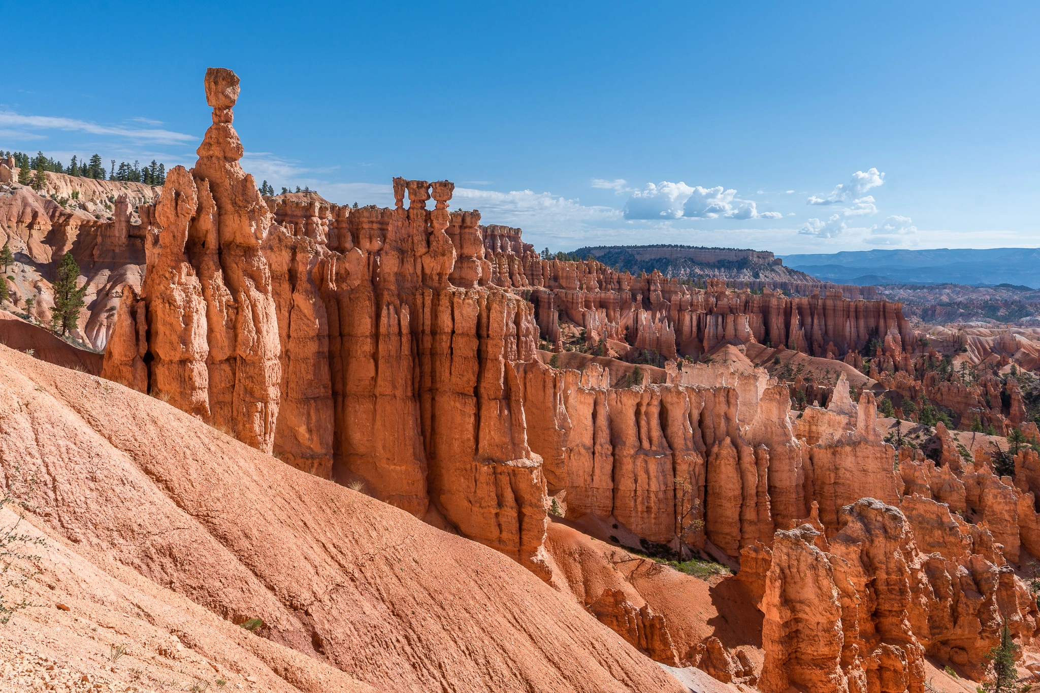 Orange hoodoos beneath a clear blue sky at Bryce Canyon