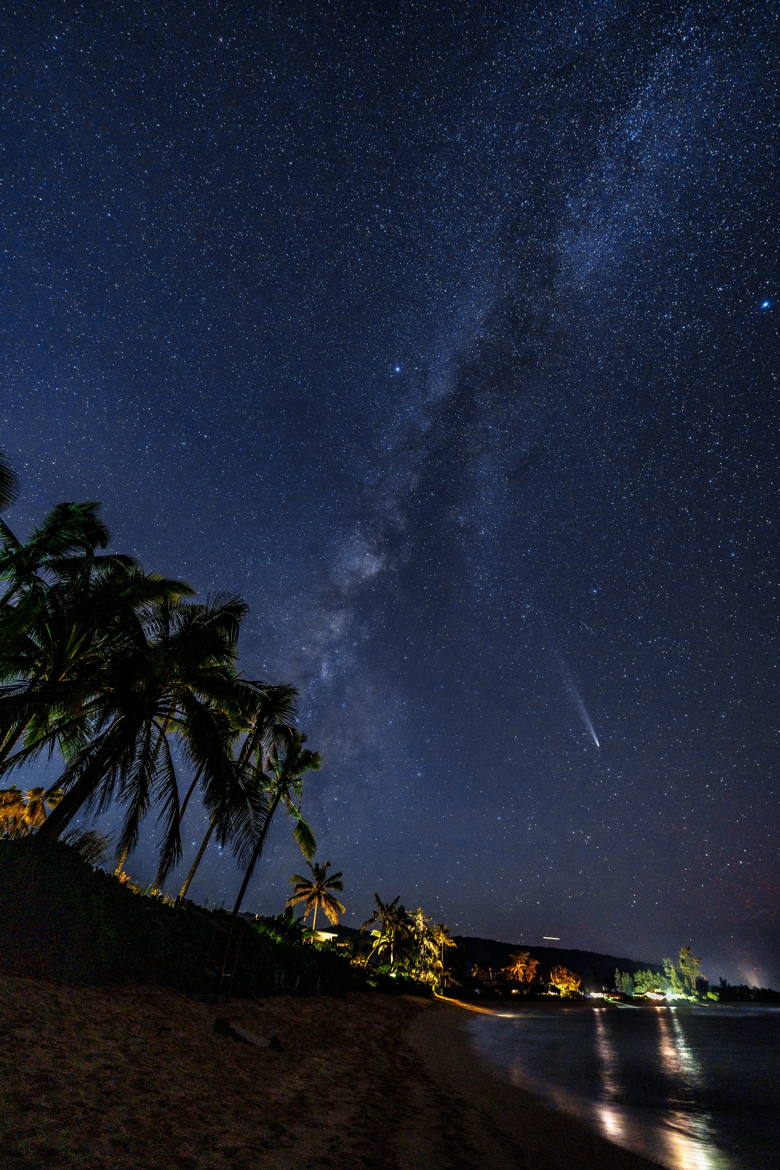 A comet beneath the Milky Way above palms and a dark shoreline