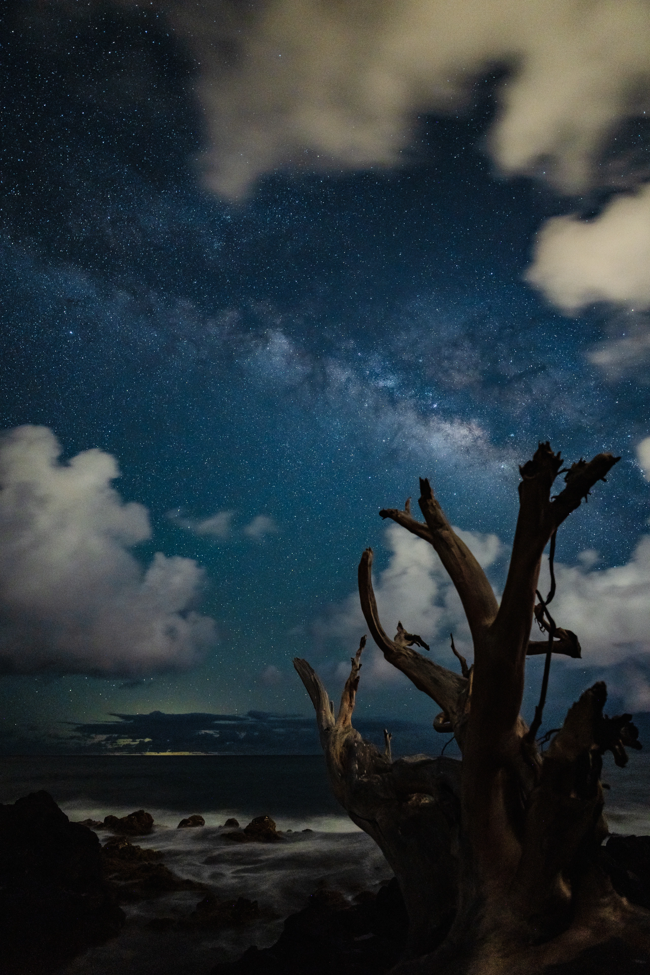 Driftwood and clouds beneath the stars in Kapaa