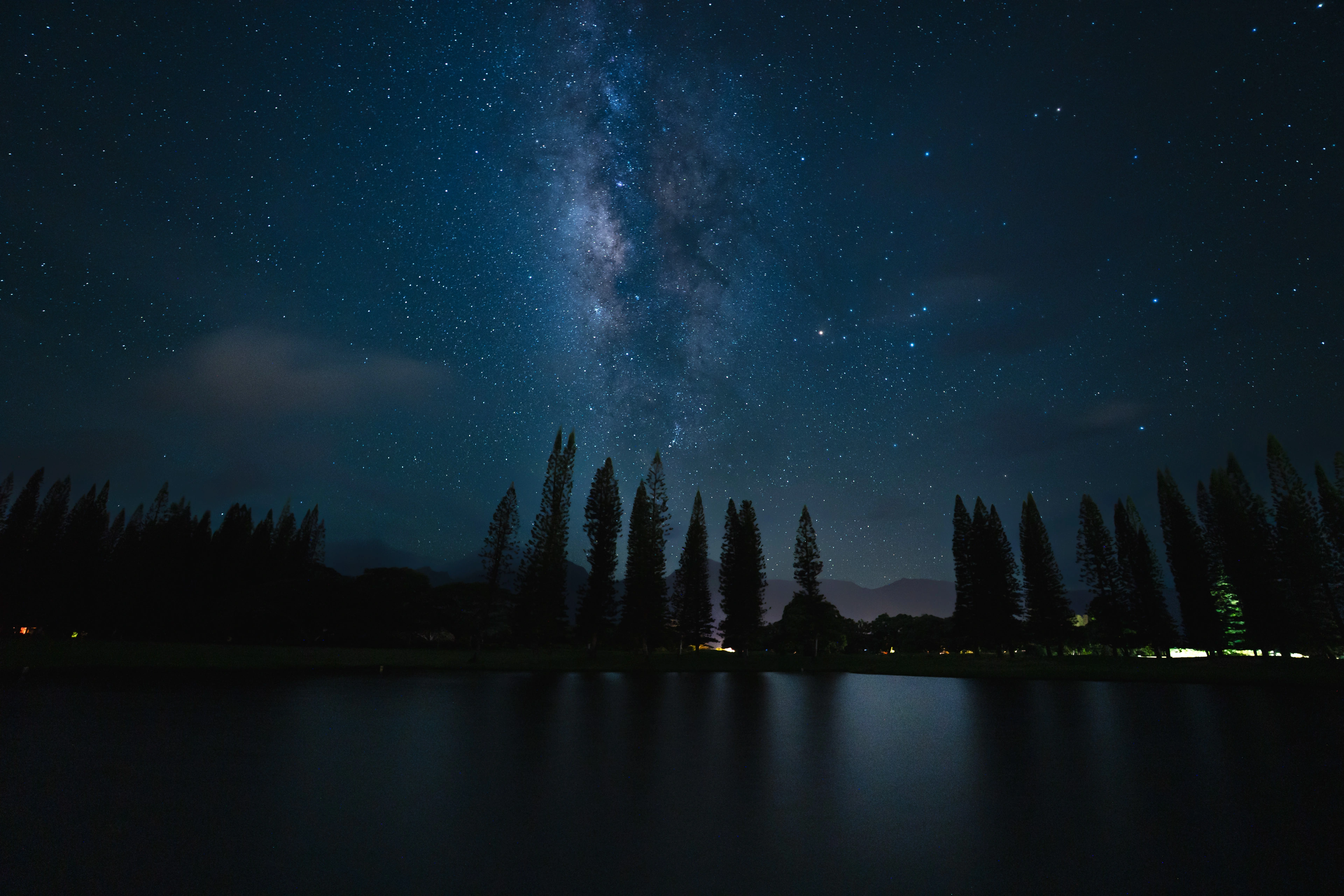 The Milky Way above Norfolk pines and a dark lake in Princeville