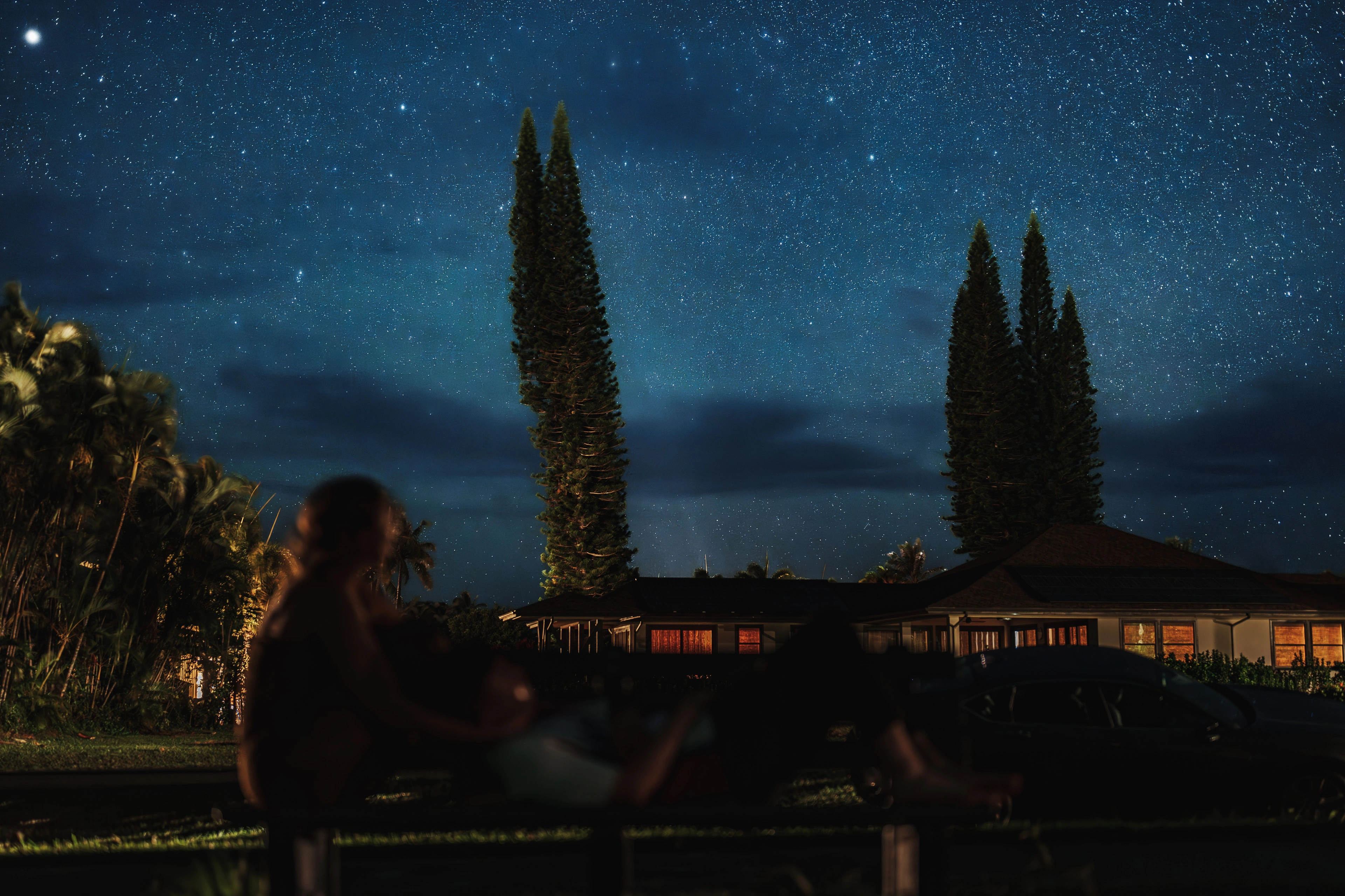 Antonio and Ashley softly out of focus beneath stars and Norfolk pines in Princeville