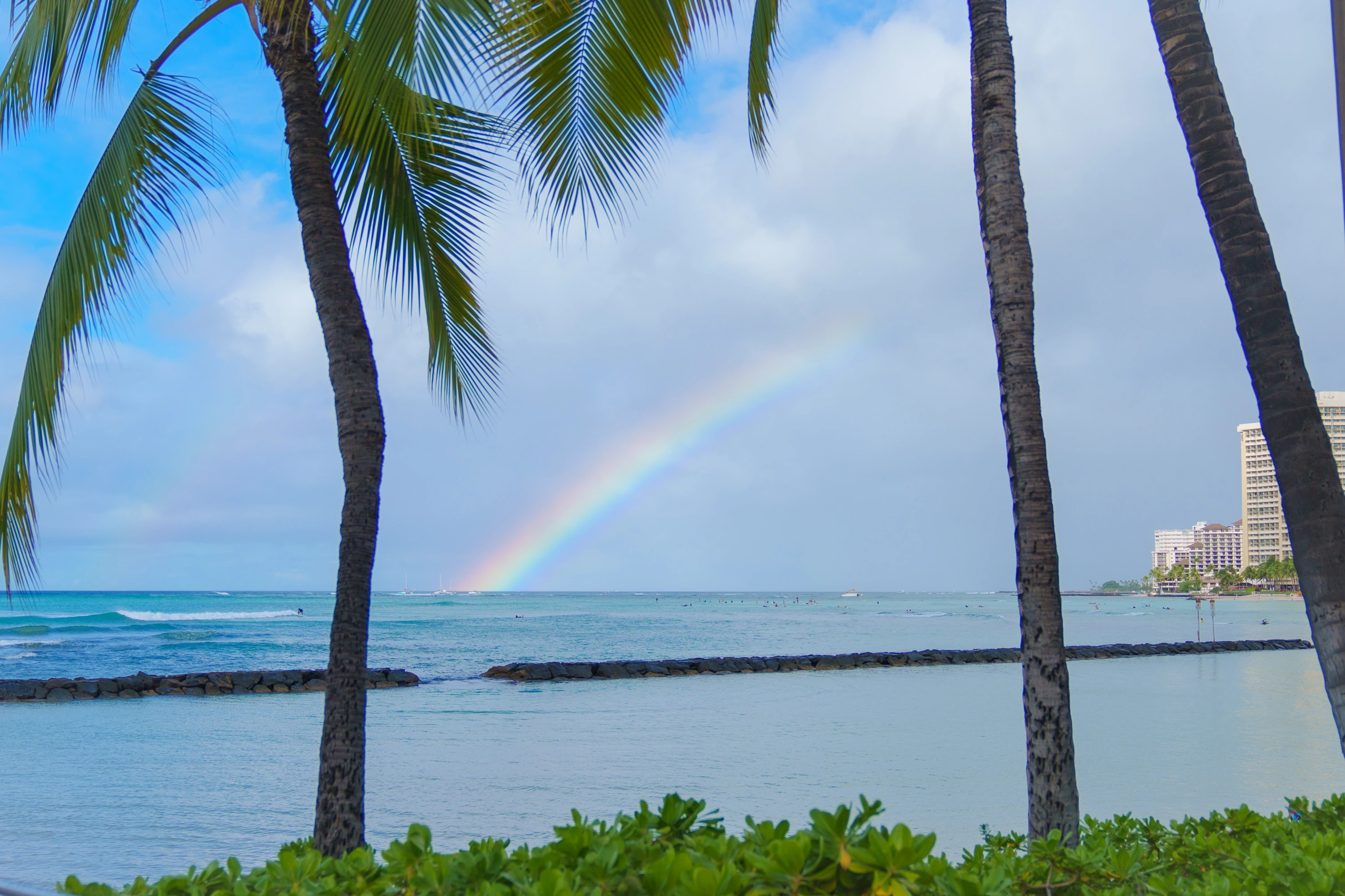 A rainbow above Waikīkī framed between palm trees