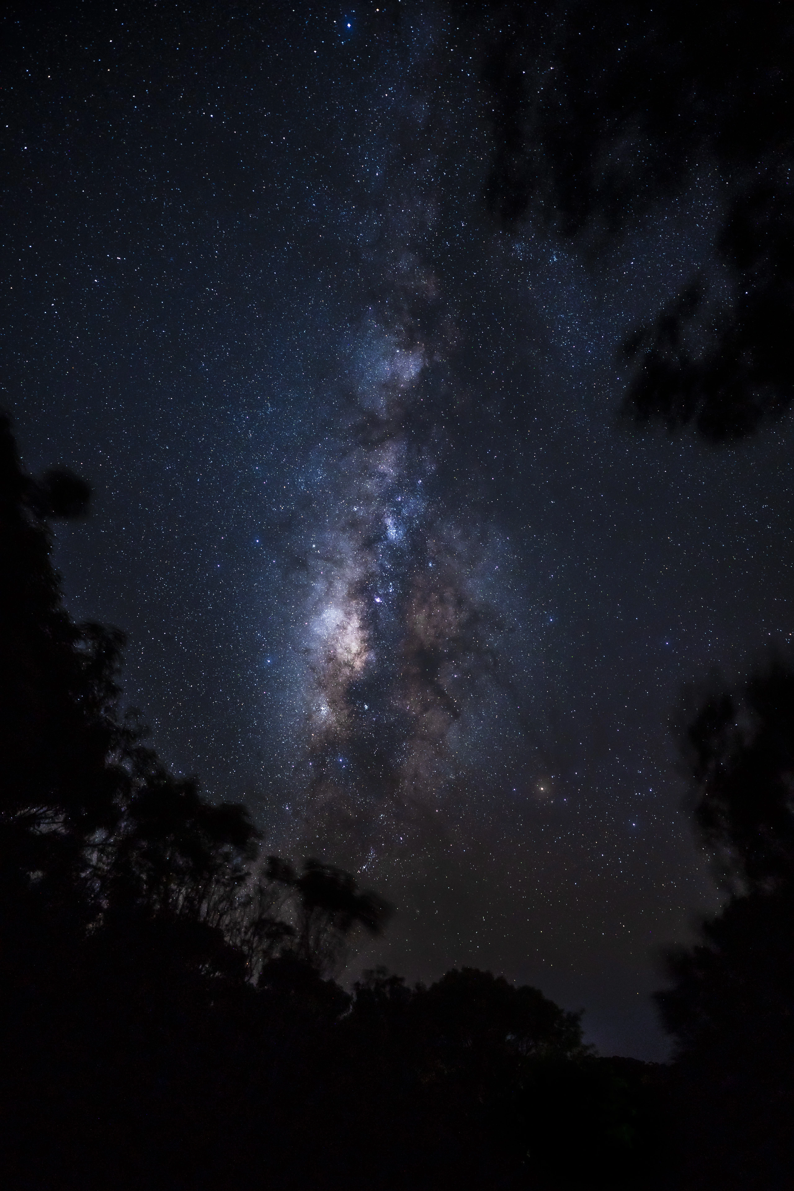 A vertical column of the Milky Way above a dark ridge at Waimea Canyon